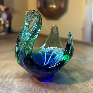 Murano-style Art Glass Swan 3.75"-tall Blue & Green Blown Glass Figurine